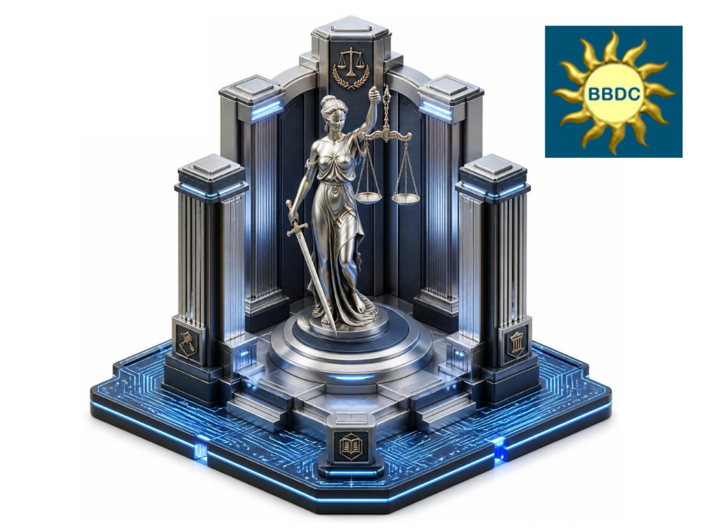Justitia and scales of justice digital infrastructure for Bliss Business Development Corp.